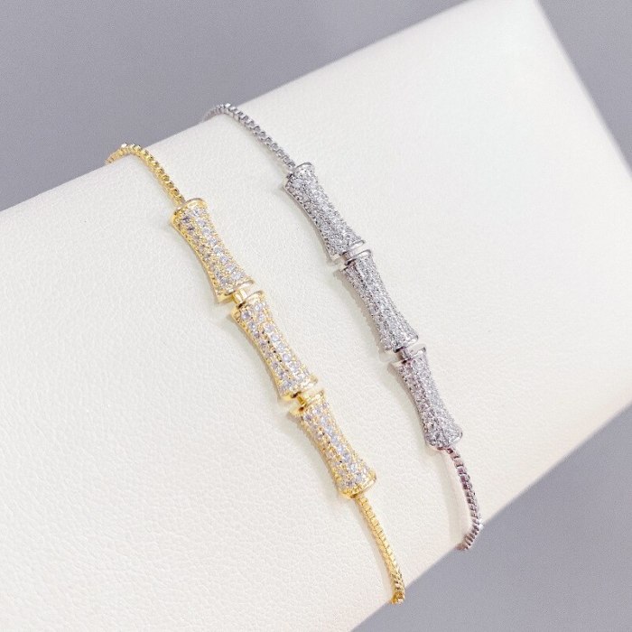 Korean Style Fashion Design Bamboo Bracelet Women's Adjustable Pull Bracelet Gold-Plated Micro-Inlaid Full Diamond Hand Jewelry
