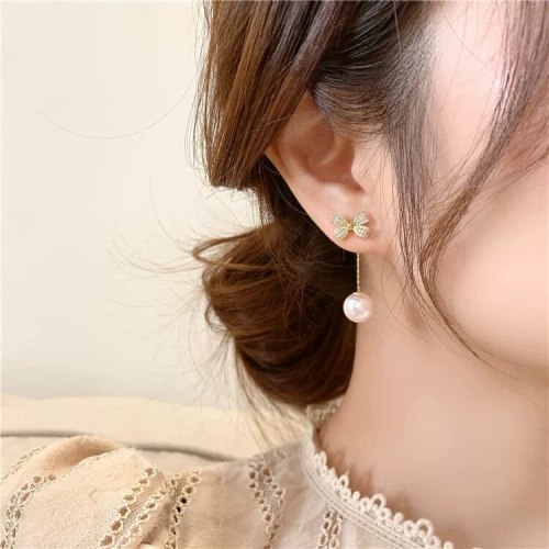 Korean Sweet Cute S925 Pearl Bow Stud Earrings Elegant Tassel Earrings Earrings for Women