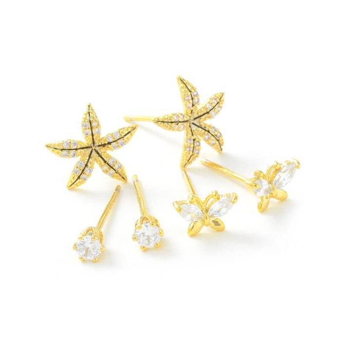 Sterling Silver Needle Micro Inlaid Zircon Starfish Three-Piece Earrings One Card Three Pairs Combination Earrings