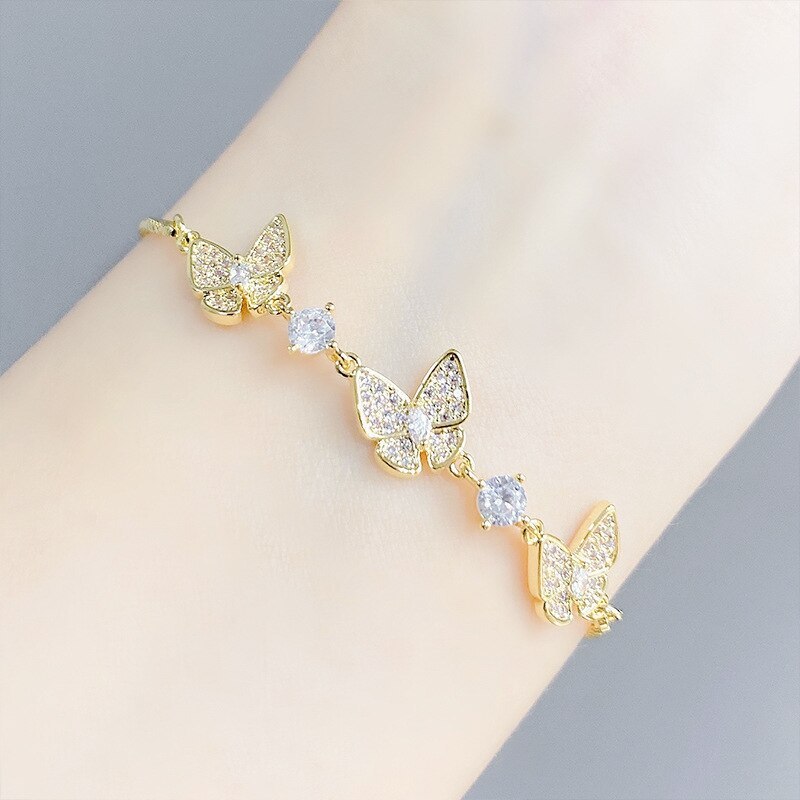 Korean Style Simple Micro Inlaid Zircon Pull Bracelet Female Butterfly Bracelet Copper Plated Real Gold Adjustable Bracelet