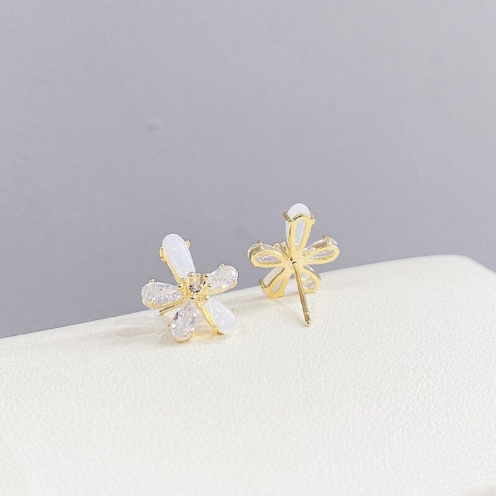 Korean Sterling Silver Needle Zircon Hollow Flower Earrings Petals Fresh All-Match Temperamental Stud Earrings