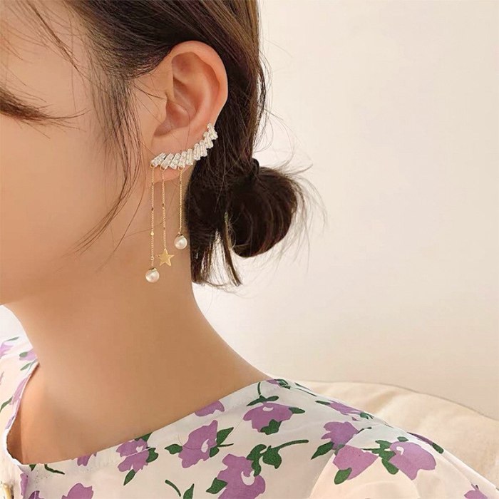 Asymmetric S925 Silver Needle Tassel Earrings South Korea Temperamental Pearl Stud Earrings Ear Clip Online Influencer Earrings