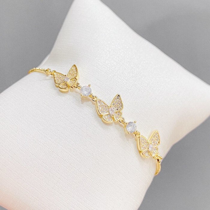 Korean Style Simple Micro Inlaid Zircon Pull Bracelet Female Butterfly Bracelet Copper Plated Real Gold Adjustable Bracelet