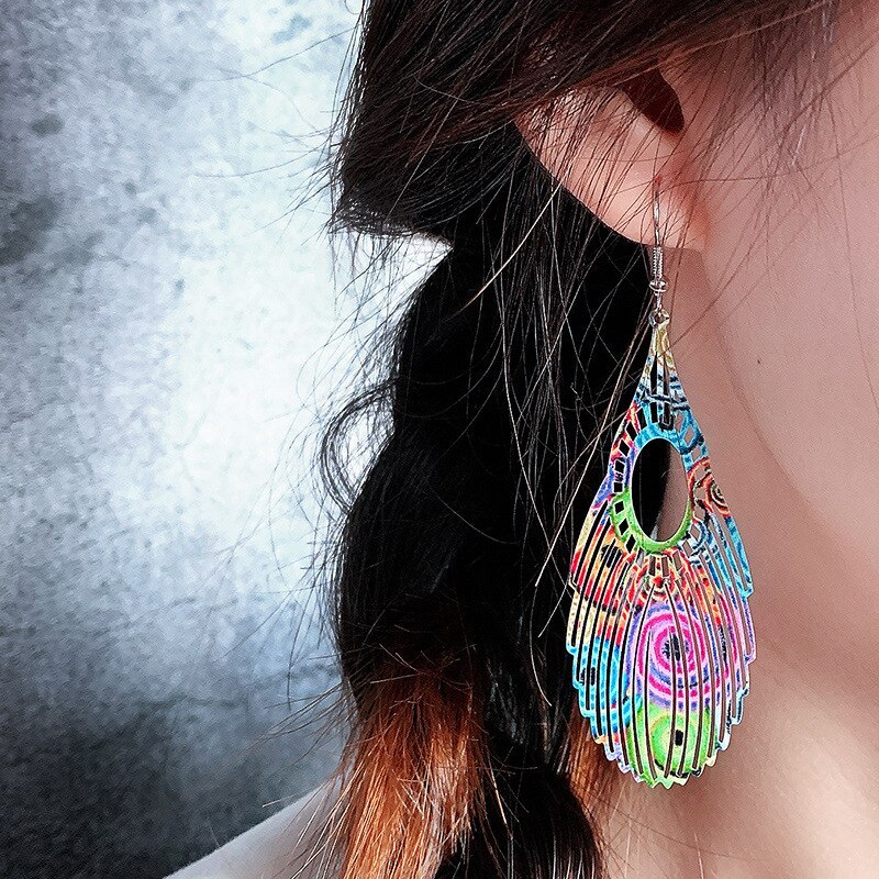 European and American New Accessories Hollow Leaves Printed Earrings Retro Ethnic Style Earrings Metal Color Earrings