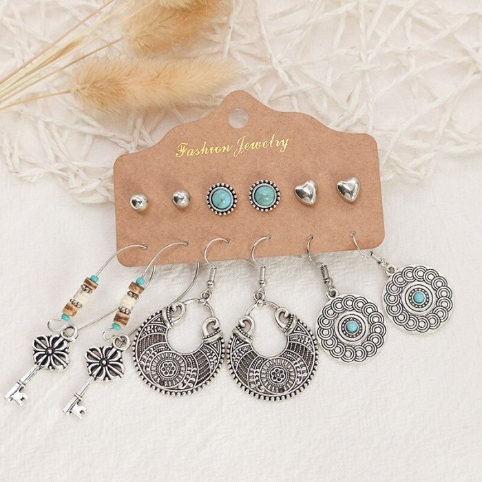 6-Piece Set Diamond Turquoise Stud Earrings for Women European and American Fashion Creative Earrings Ornament Wholesale