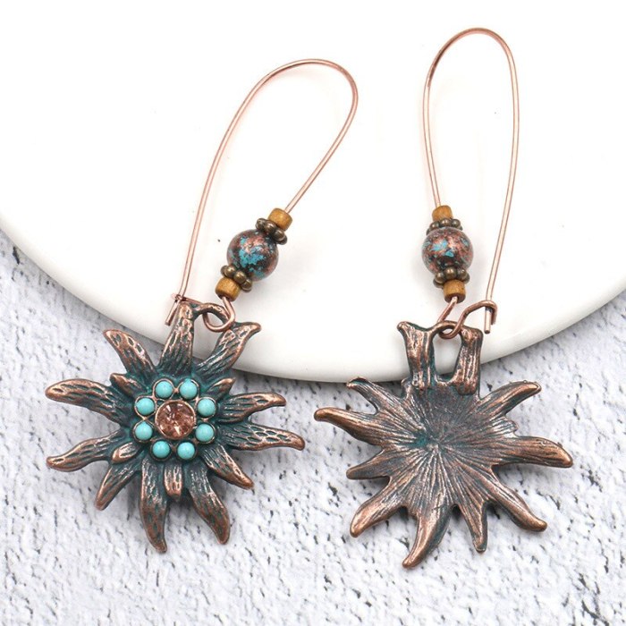 Creative Turquoise Earrings Female Fashion Simple Sun Alloy Jeweled Pendant Earrings Jewelry Wholesale