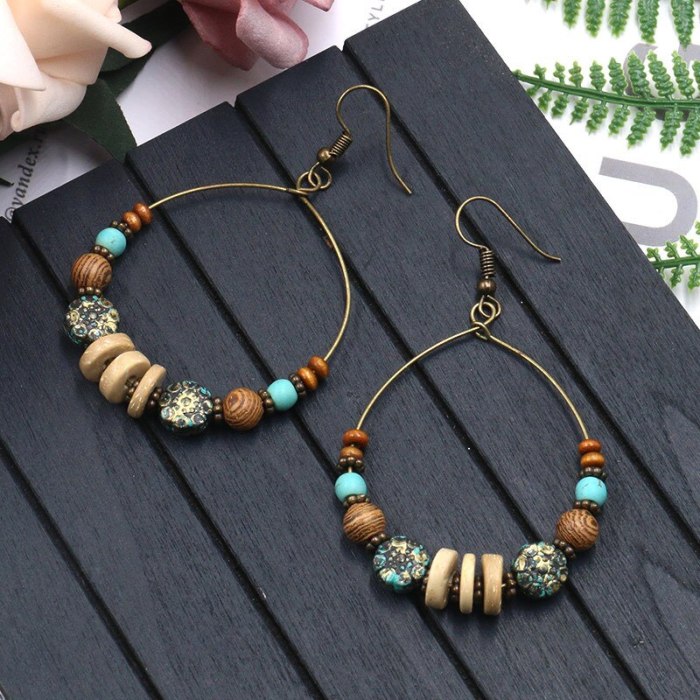 European and American Popular Large Circle Earrings Creative Turquoise Wooden Bead round Ring Earrings Bohemian Fashion Ornament