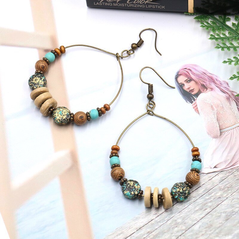 European and American Popular Large Circle Earrings Creative Turquoise Wooden Bead round Ring Earrings Bohemian Fashion Ornament