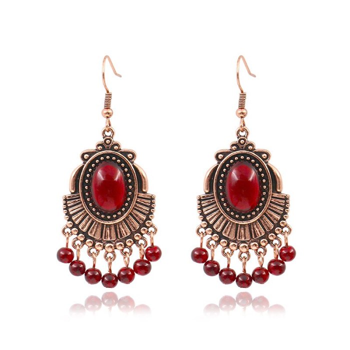 European and American New Retro Red Garnet Earrings Female Geometric Lucky Earrings Eardrops to Make round Face Thin-Looked