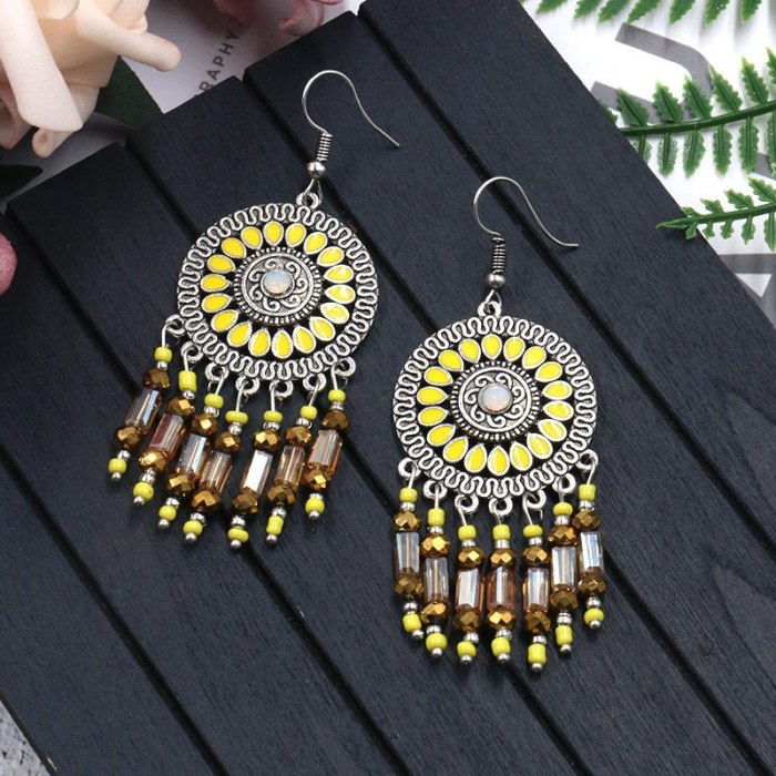 European and American Stylish round Alloy Earring Women's Yellow Crystal Earrings Creative Tassel Ornament Wholesale