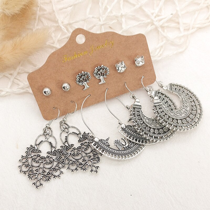 6-Piece Set Diamond Turquoise Stud Earrings for Women European and American Fashion Creative Earrings Ornament Wholesale