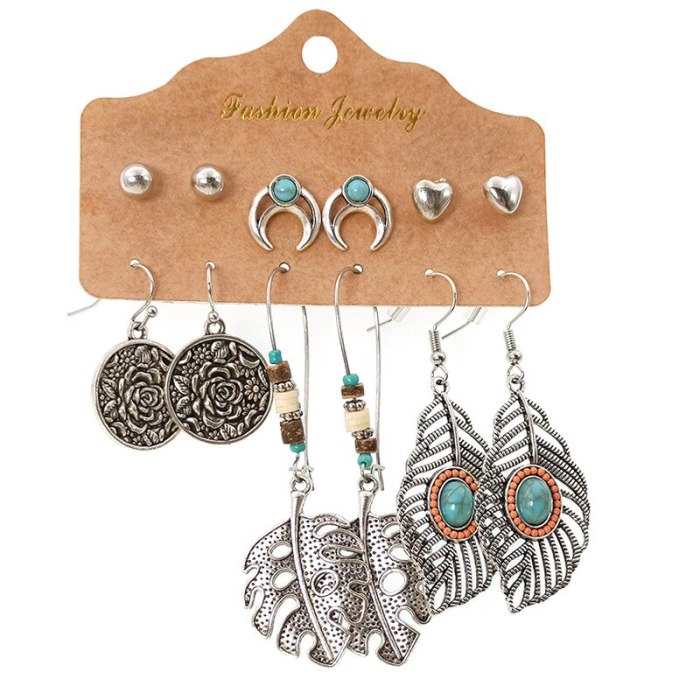 European and American Jewelry Woven Dream Net Heart-Shaped Stud Earrings Women's Set 6 Pairs Creative Retro Leaf Earrings