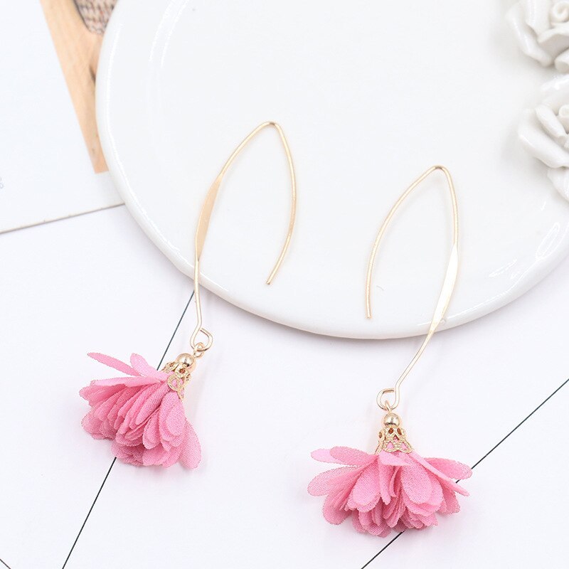 Hot Sale Earrings Fashionable Temperament Women's Fabric Flower Rhinestone Earrings Long Personality Hipster All-Match Earrings