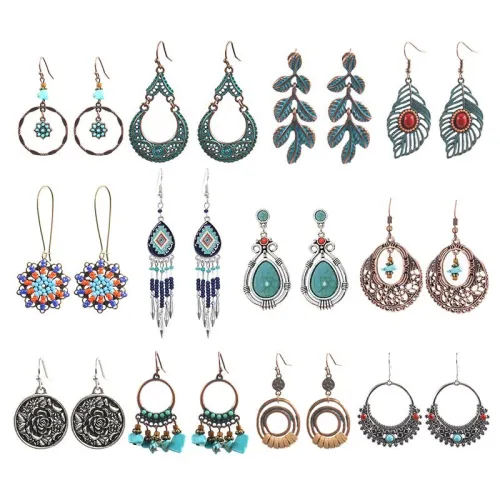 Hot Sale Bohemian Vintage Earrings Leaf Drop-Shaped Handmade Bead Woven Turquoise Earrings
