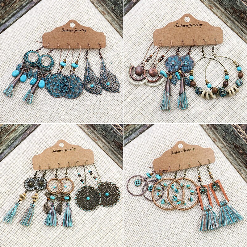 Ethnic Style Earrings Set Female Personality Retro Tassel Accessories European and American Fashion Multi-to-One Card Earrings