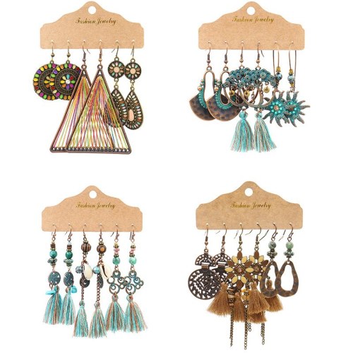 Cross-Border Amazon Earrings 3 Pairs Combination Set European and American Popular Ear Rings Vintage Tassel Earrings Wholesale