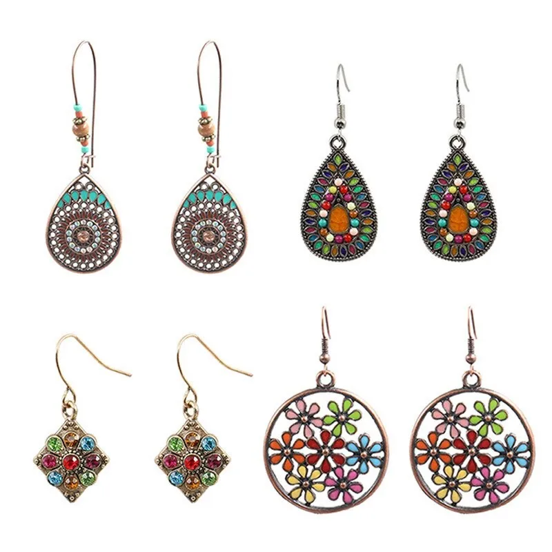 European and American Fashion Hollowed-out Metal Alloy Earrings Set Retro Color Earrings Diamond Flower Accessories Combination