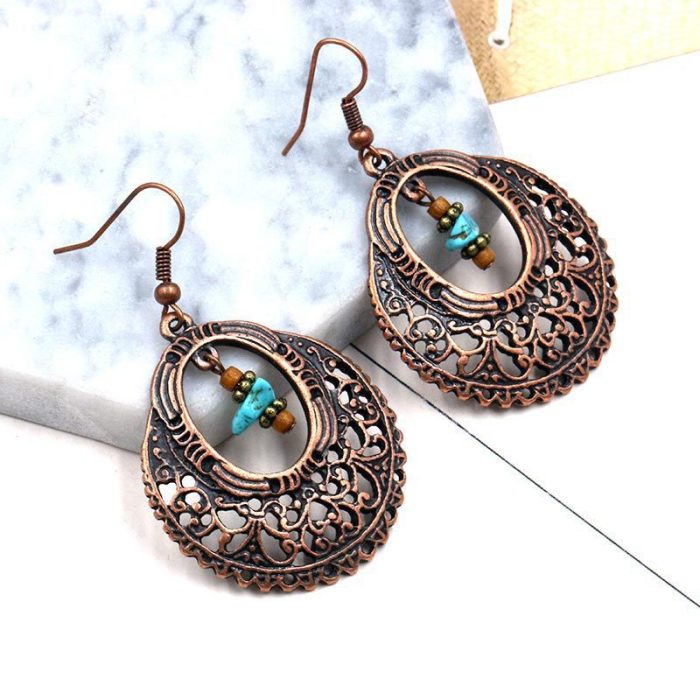 Ethnic Style Earrings Set Exaggerated Versatile Retro Europe and America Hot Sale Alloy Geometric Turquoise Tassel Earrings