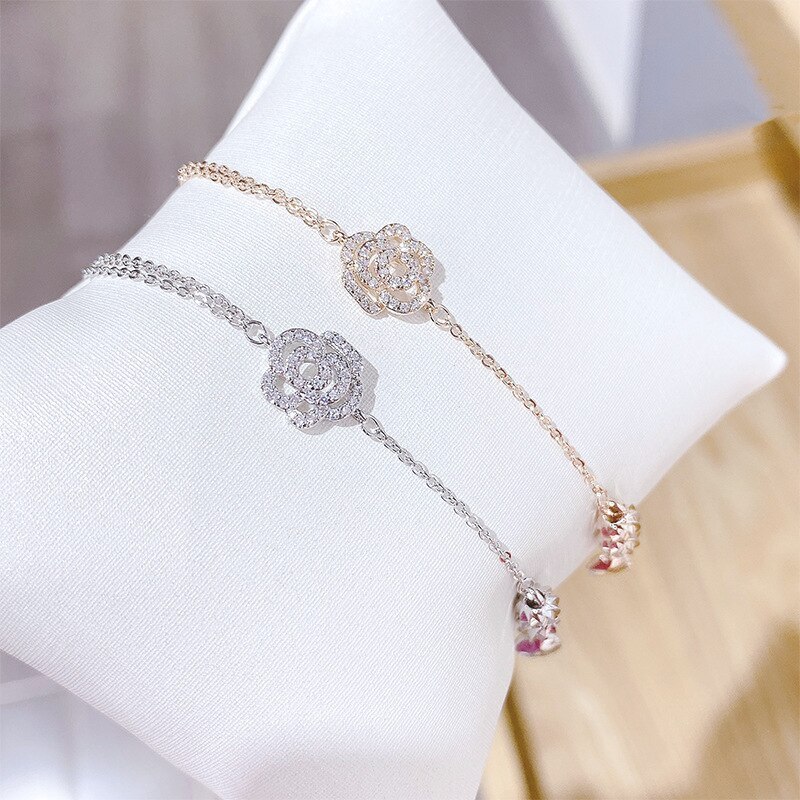 New Rose Bracelet Full Diamond Flower Bracelet Female Environmental Protection Electroplated Real Gold Hand Jewelry