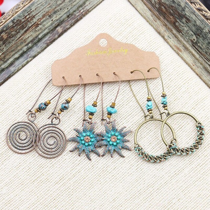 Earrings Combination Set Hot Sale in Europe and America Vintage Geometric Earrings Fashion Long 3 Pieces Ear Accessories