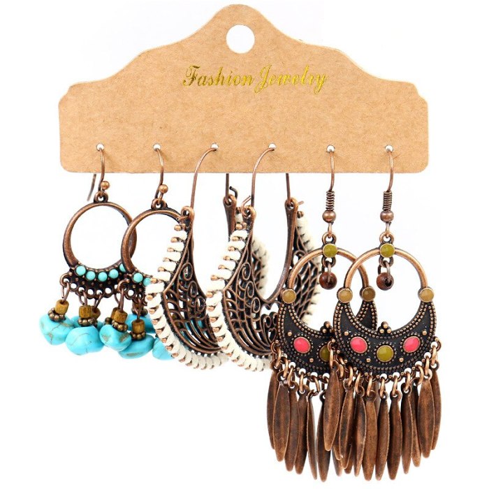 Vintage Earrings Set Women's Ethnic Earrings round Metal Tassel Earrings Woven Accessories
