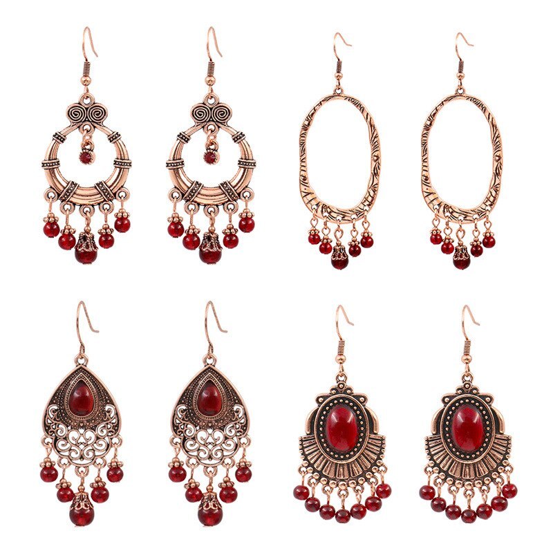 European and American New Retro Red Garnet Earrings Female Geometric Lucky Earrings Eardrops to Make round Face Thin-Looked