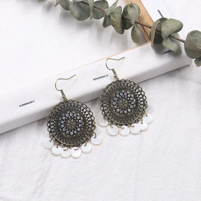 Stylish round Hollow Jeweled Ear Rings European and American Fashion All-Match Jewelry Shell Tassel Earrings