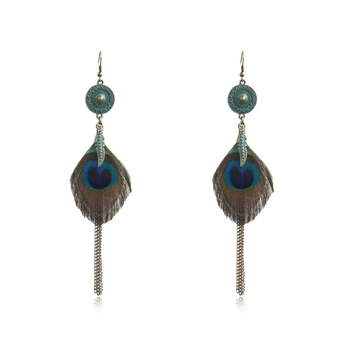 New Bohemian Fashion Vintage Earrings Female Temperament Peacock Feather Earrings Long Holiday Accessories Wholesale