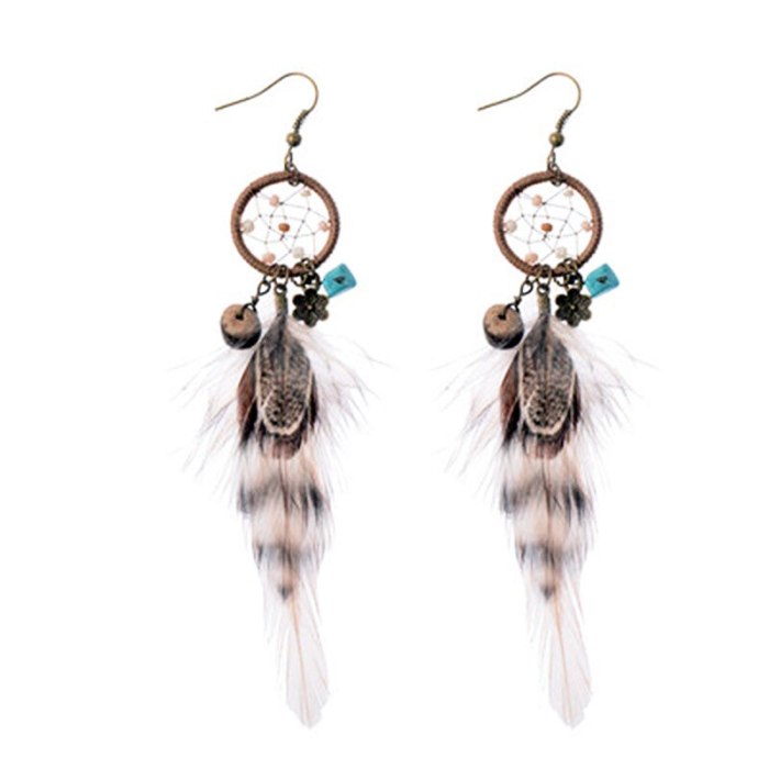 Cross-Border European and American Fashion Circles Earrings Women's Feather Accessories Long Dreamcatcher Earrings Jewelry