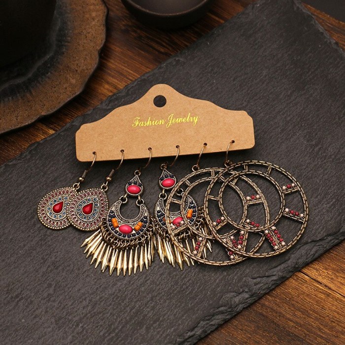 Retro Earrings Combination Women's European and American Bohemian Set Leaves Tassel Pendant Cross-Border New Style Earrings