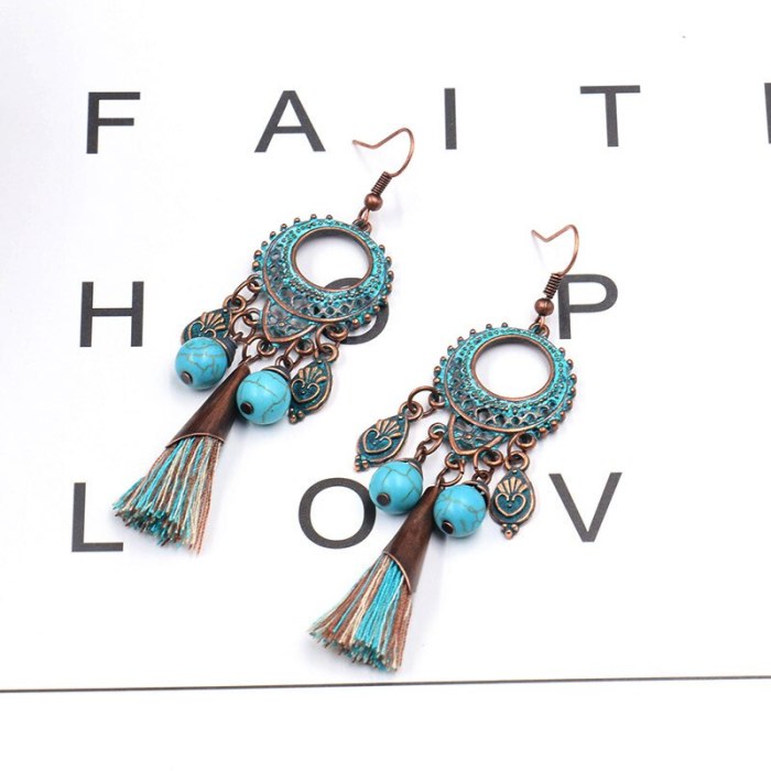 Hot Sale Long Fringe Earrings Women's round Hollow Distressed Alloy Earring Turquoise Pendant European and American Jewelry