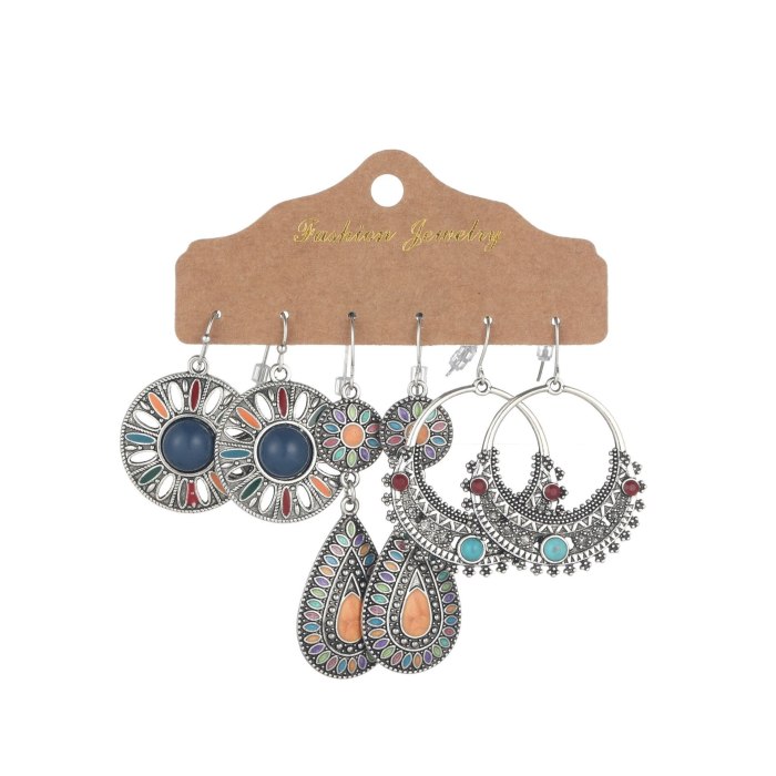 New Accessories Vintage Water Drop round Geometric Earrings Tassel Leaf Earrings Wholesale 3 Pairs Set
