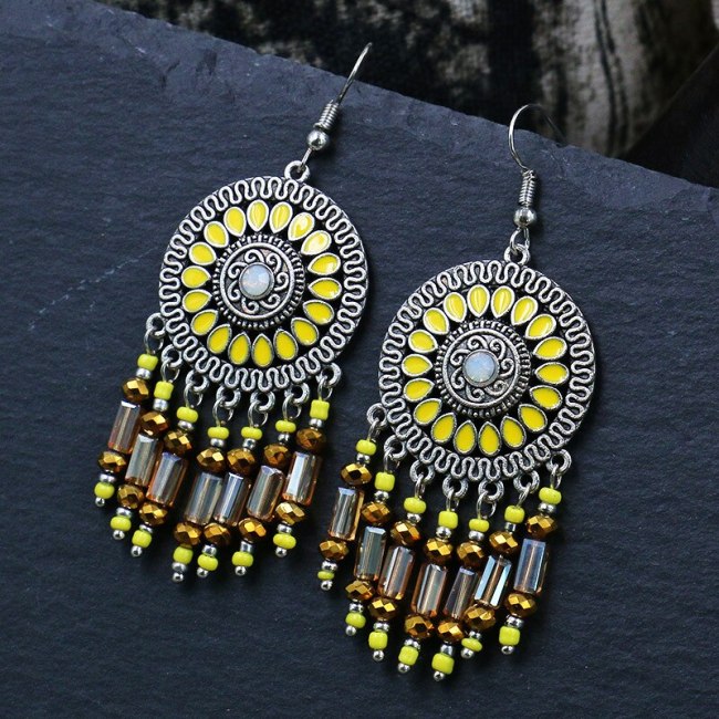 European and American Stylish round Alloy Earring Women's Yellow Crystal Earrings Creative Tassel Ornament Wholesale