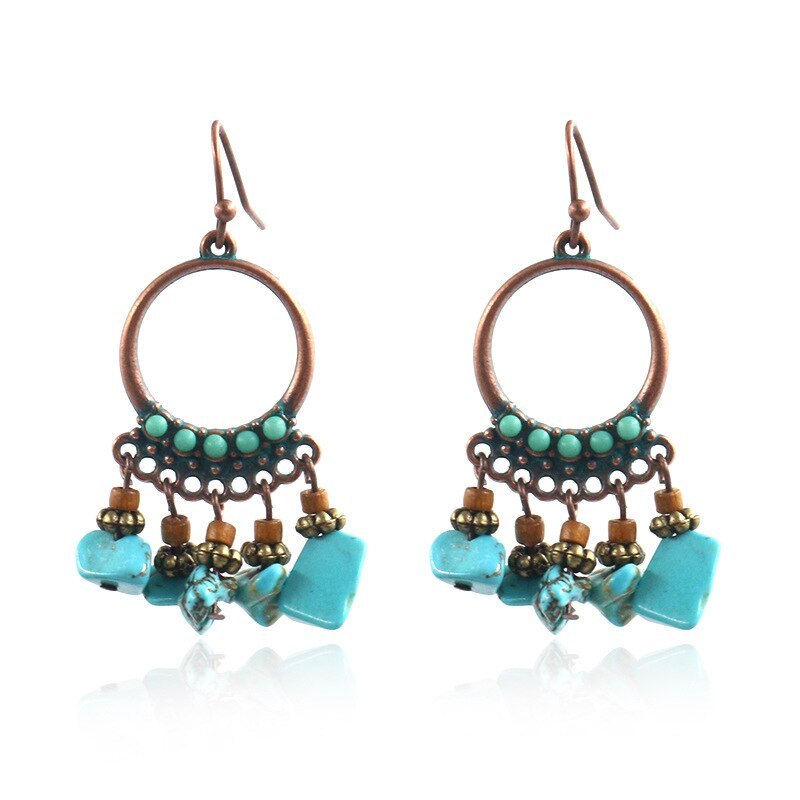 Fashion Popular Turquoise Earrings Female Creative round Inlaid Jewel Earrings Cross-Border Hot Sale Tassel Jewelry
