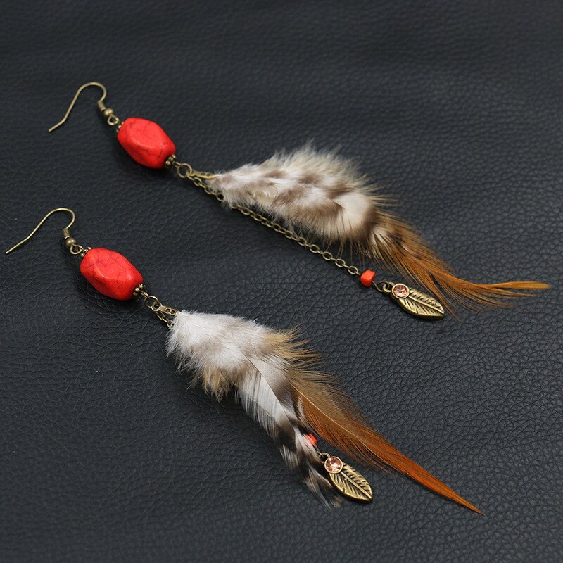 Earrings Wholesale European And American Turquoise Earrings Long Feather Decoration Pendant Ornaments Gift