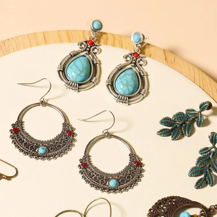Hot Sale Bohemian Vintage Earrings Leaf Drop-Shaped Handmade Bead Woven Turquoise Earrings