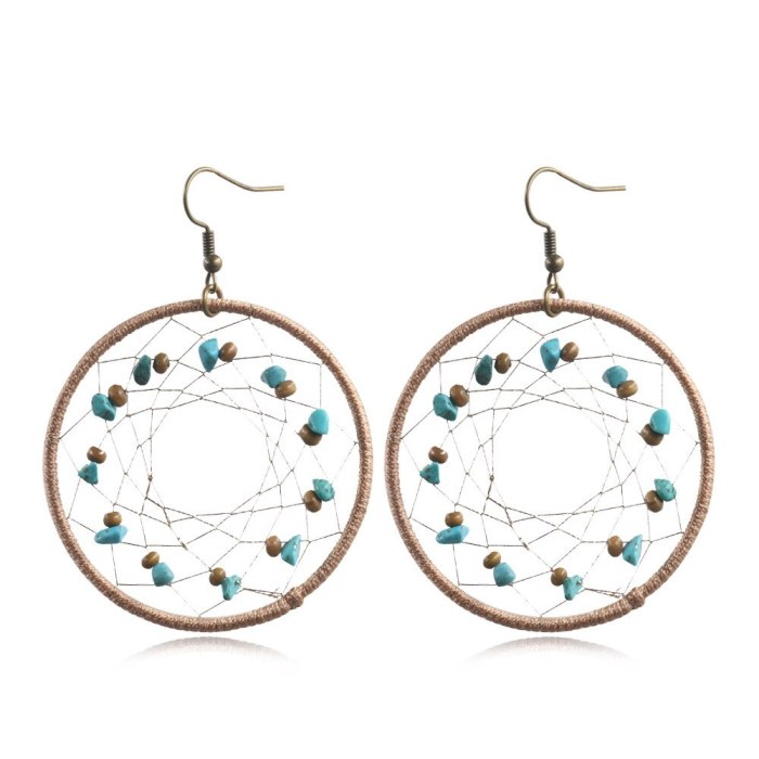 New Arrival European and American Earrings Female Temperament Dreamcatcher Earrings round Turquoise Inlaid Earrings Jewelry