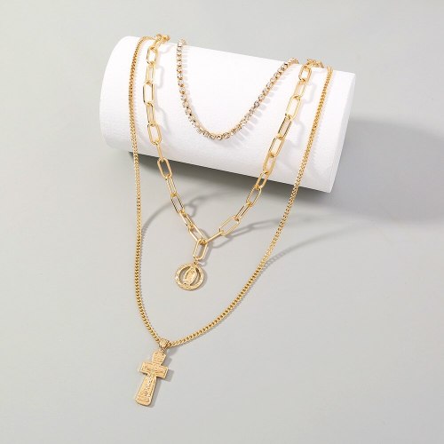 European Style Popular Necklace Fashion Cross Jesus Pendant Multi-Layer Necklace with Diamond Twin Necklace Women