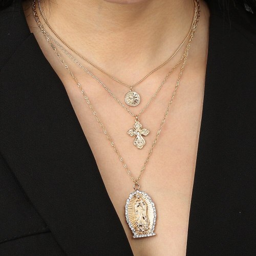 European Retro Exaggerated Portrait Necklace Street Punk Clavicle Chain Cross Wafer Pendant Metal Multi-Layer Necklace