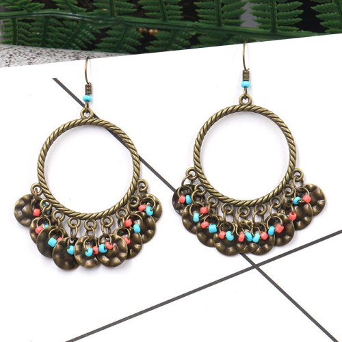 Fashion Hoop Earrings Creative Bead Wafer Pendant Earrings Bohemian Simple Tassel Jewelry