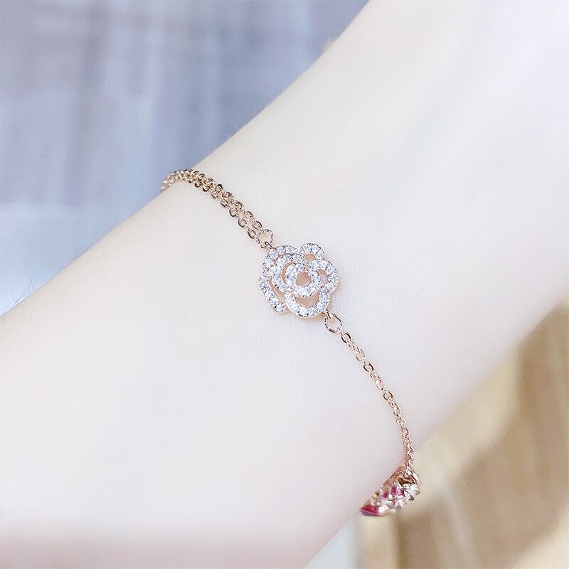 New Rose Bracelet Full Diamond Flower Bracelet Female Environmental Protection Electroplated Real Gold Hand Jewelry