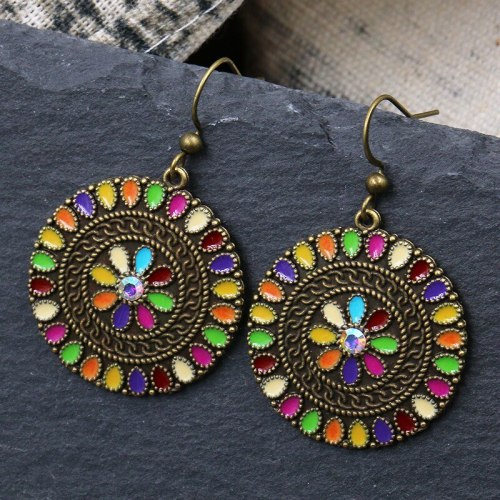 New Oil-Spot Glaze Flowers Rhinestone Earrings Alloy Geometric round Retro Ear Hook Earring Ornament