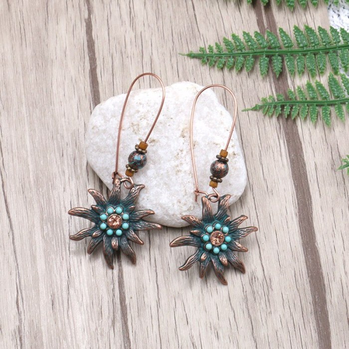 Creative Turquoise Earrings Female Fashion Simple Sun Alloy Jeweled Pendant Earrings Jewelry Wholesale