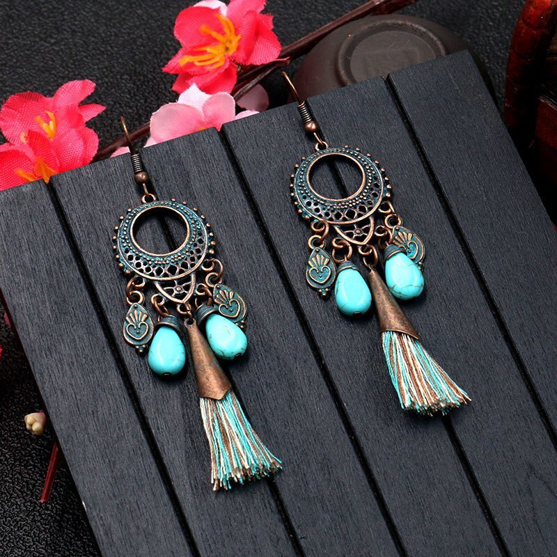 Hot Sale Long Fringe Earrings Women's round Hollow Distressed Alloy Earring Turquoise Pendant European and American Jewelry