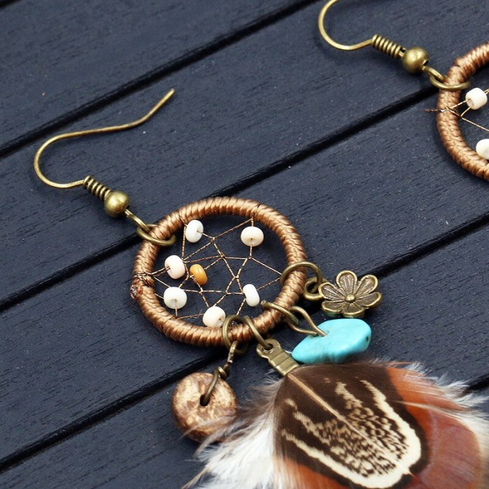 Cross-Border European and American Fashion Circles Earrings Women's Feather Accessories Long Dreamcatcher Earrings Jewelry