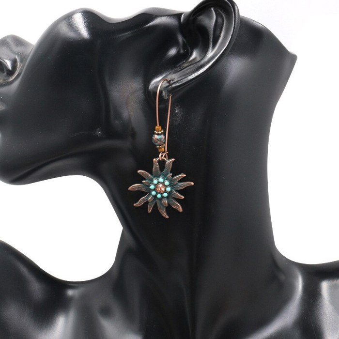 Creative Turquoise Earrings Female Fashion Simple Sun Alloy Jeweled Pendant Earrings Jewelry Wholesale
