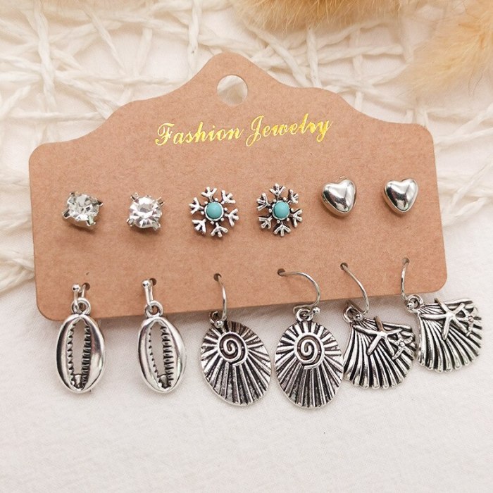 European and American Exaggerating Heart-Shapaed Hollow Semicircle Stud Earrings 6 Pairs Set Leaf Feather Vintage Earrings