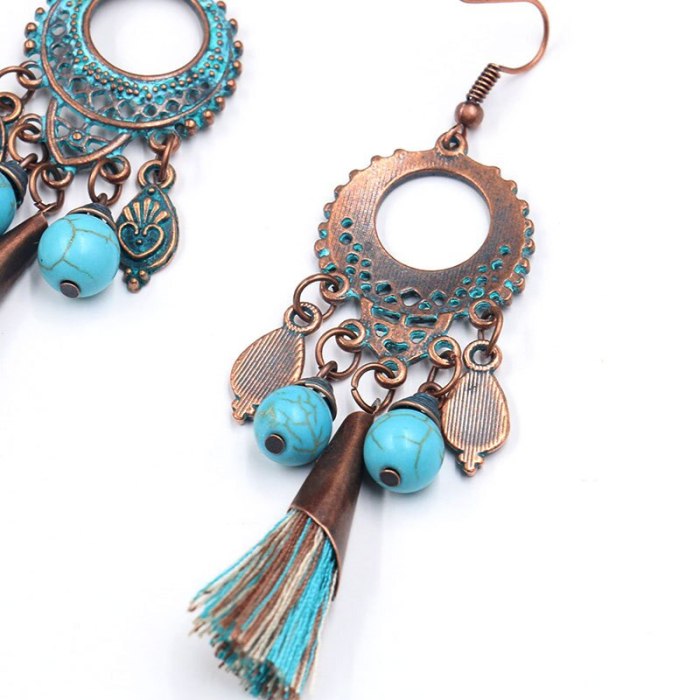 Hot Sale Long Fringe Earrings Women's round Hollow Distressed Alloy Earring Turquoise Pendant European and American Jewelry