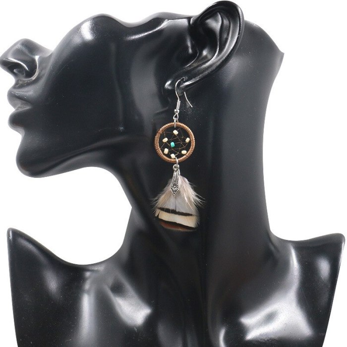 New Fashion Popular Dreamcatcher Earrings Female Personality Feather Pendant Earrings Bohemian Simple Jewelry Wholesale