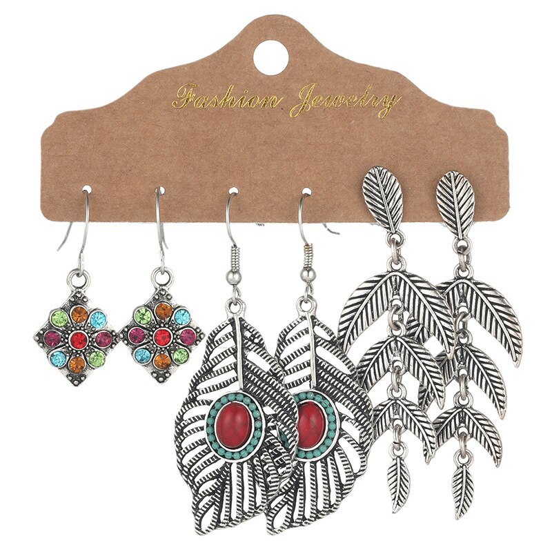 Ethnic Earrings Women's Bohemian Dripping Oil Rhinestone Earrings 3 Pairs Combination Ornament